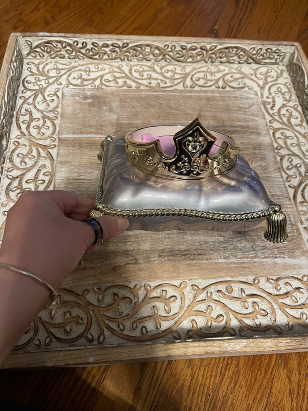 Iridescent Pillow Clutch with Pink Lining and Gold Crown Accent Candle Holder